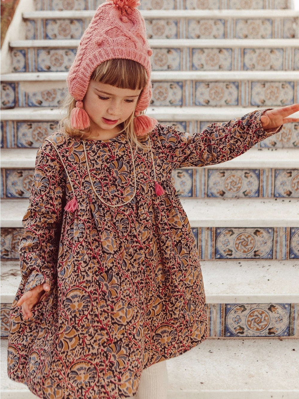 Girls Floral Print Long-Sleeve Dress in Pink and Mustard
